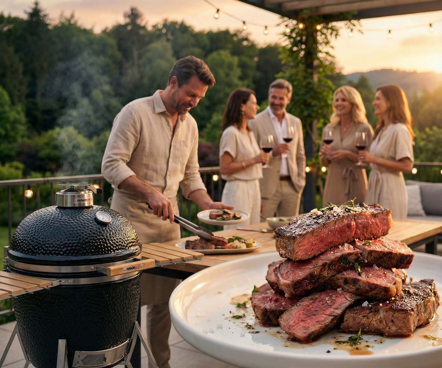 Friends gathered around a Kamado Chef in the garden