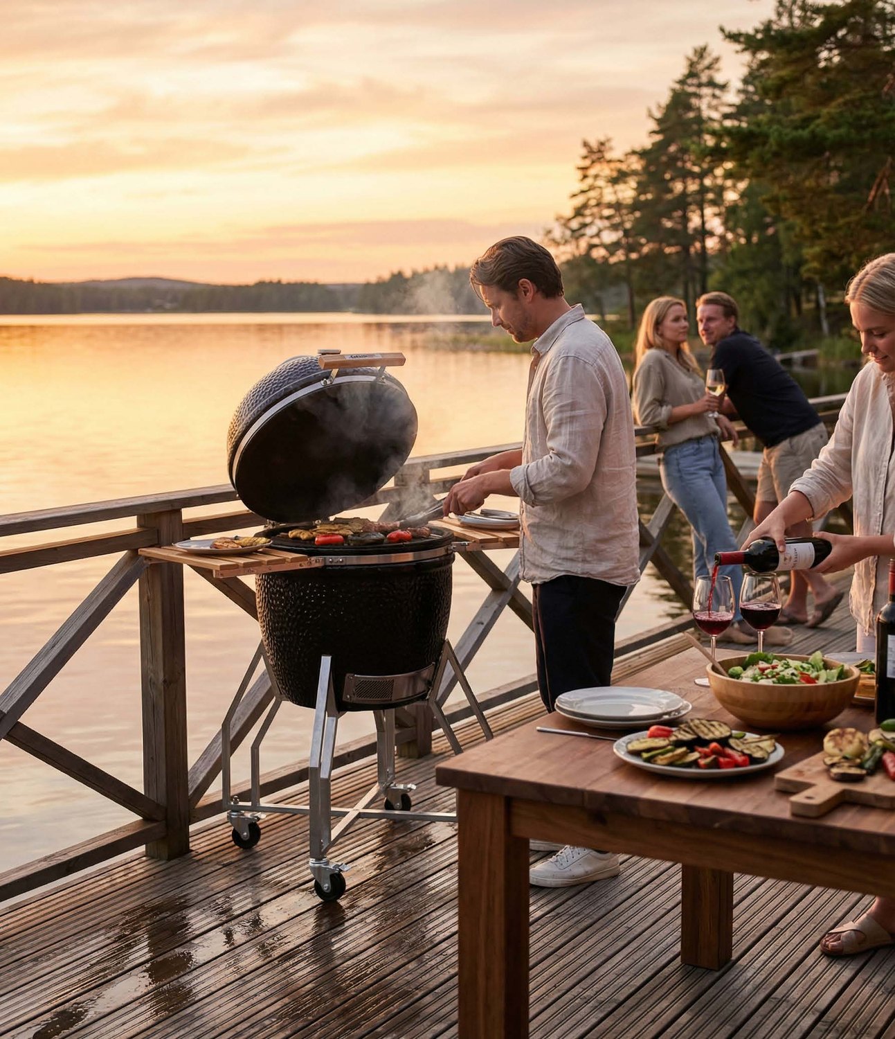 Lakeside grilling at sunset