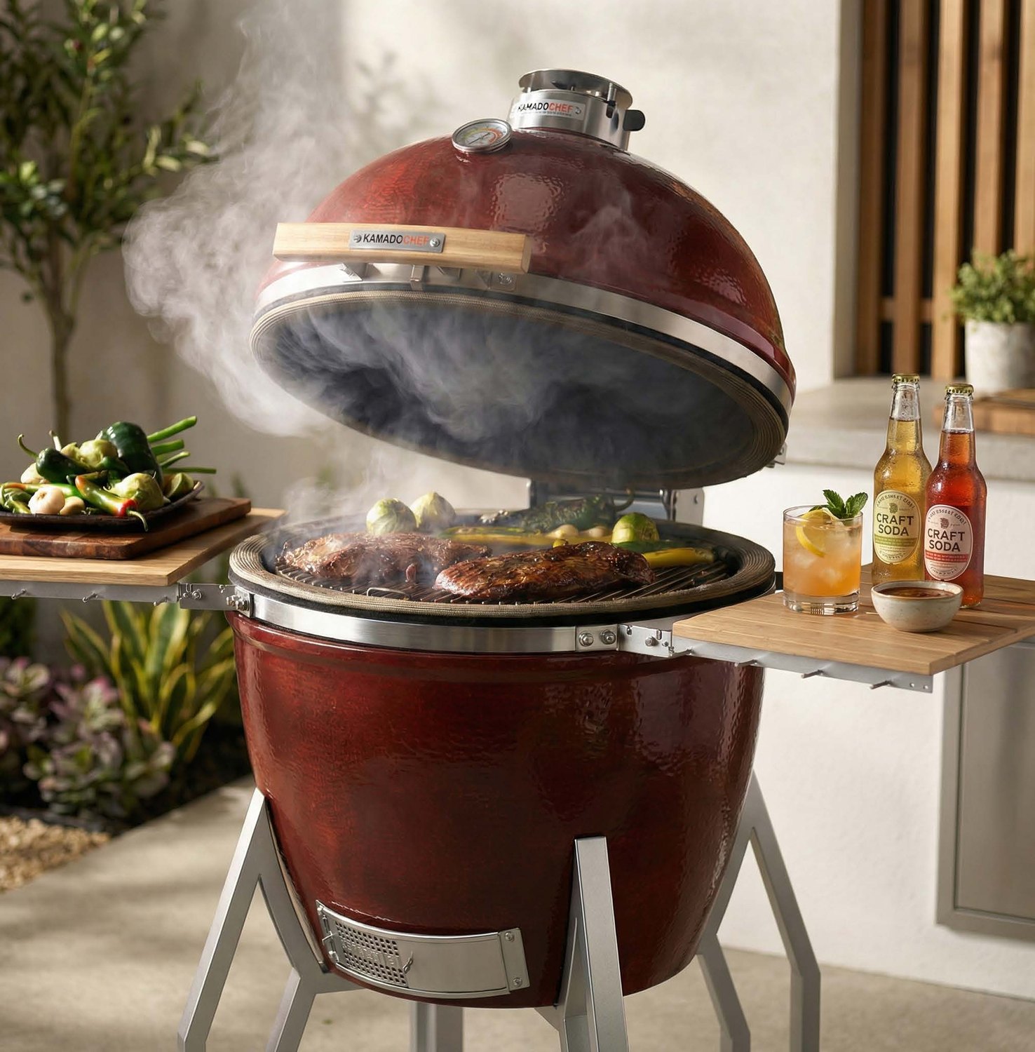 Red Kamado Chef on the terrace with grilled food