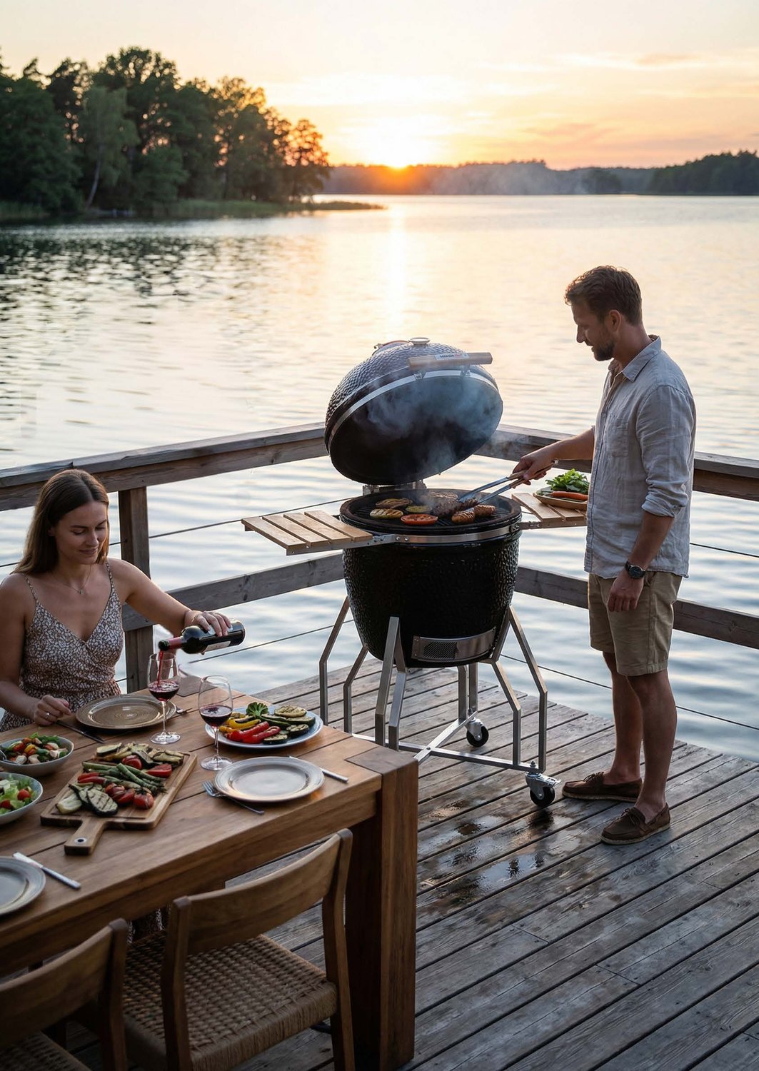 Kamado Chef on a lakeside deck