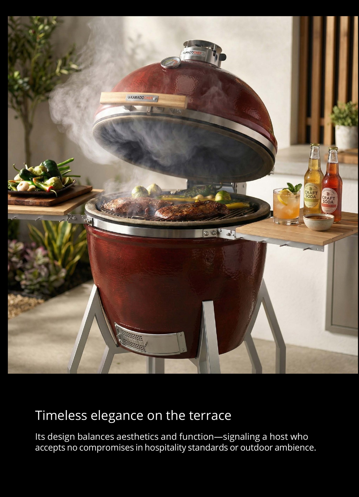 red kamado on terrace